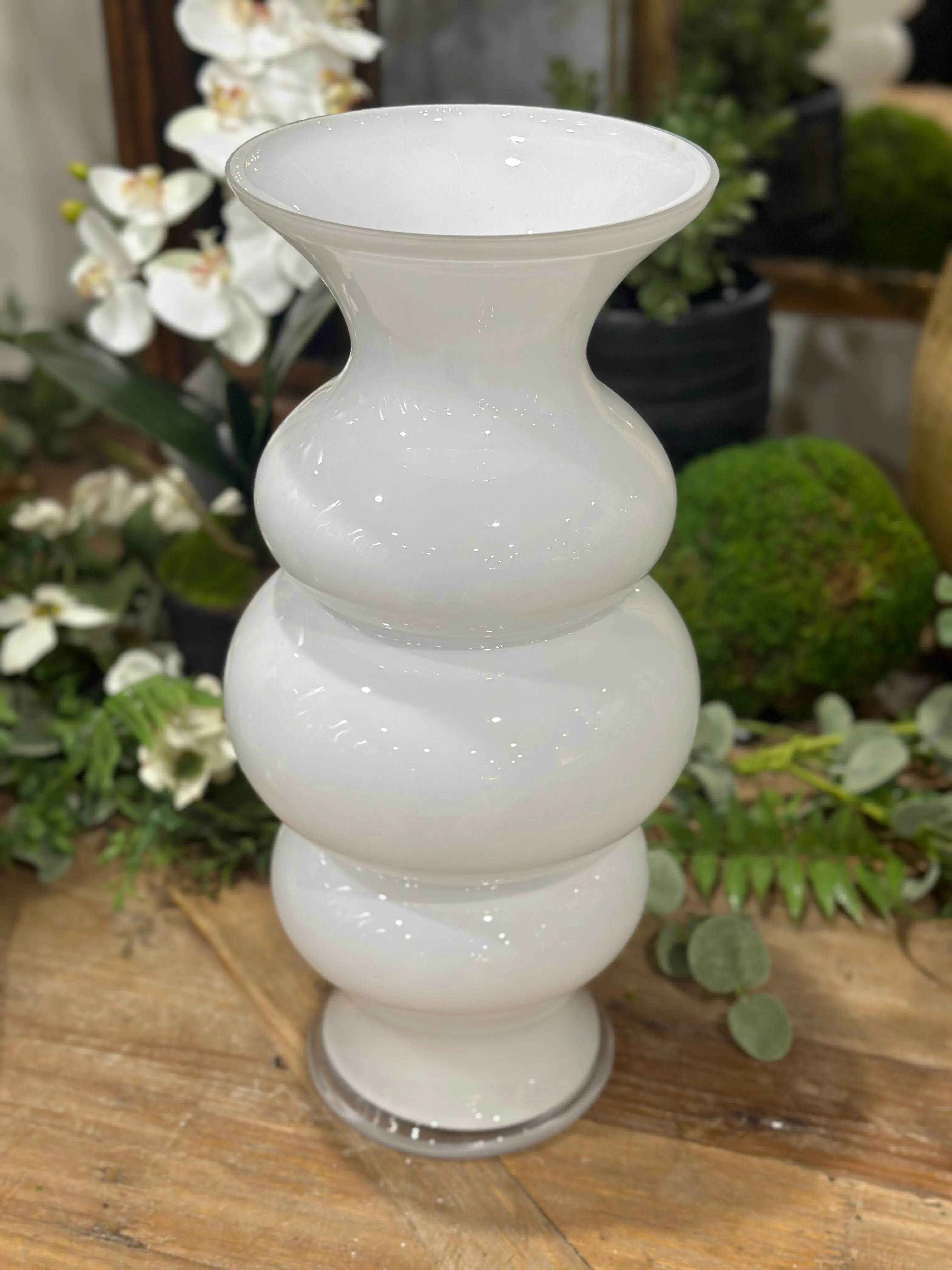 16” White Glass Ribbed Hourglass Fluted Vase