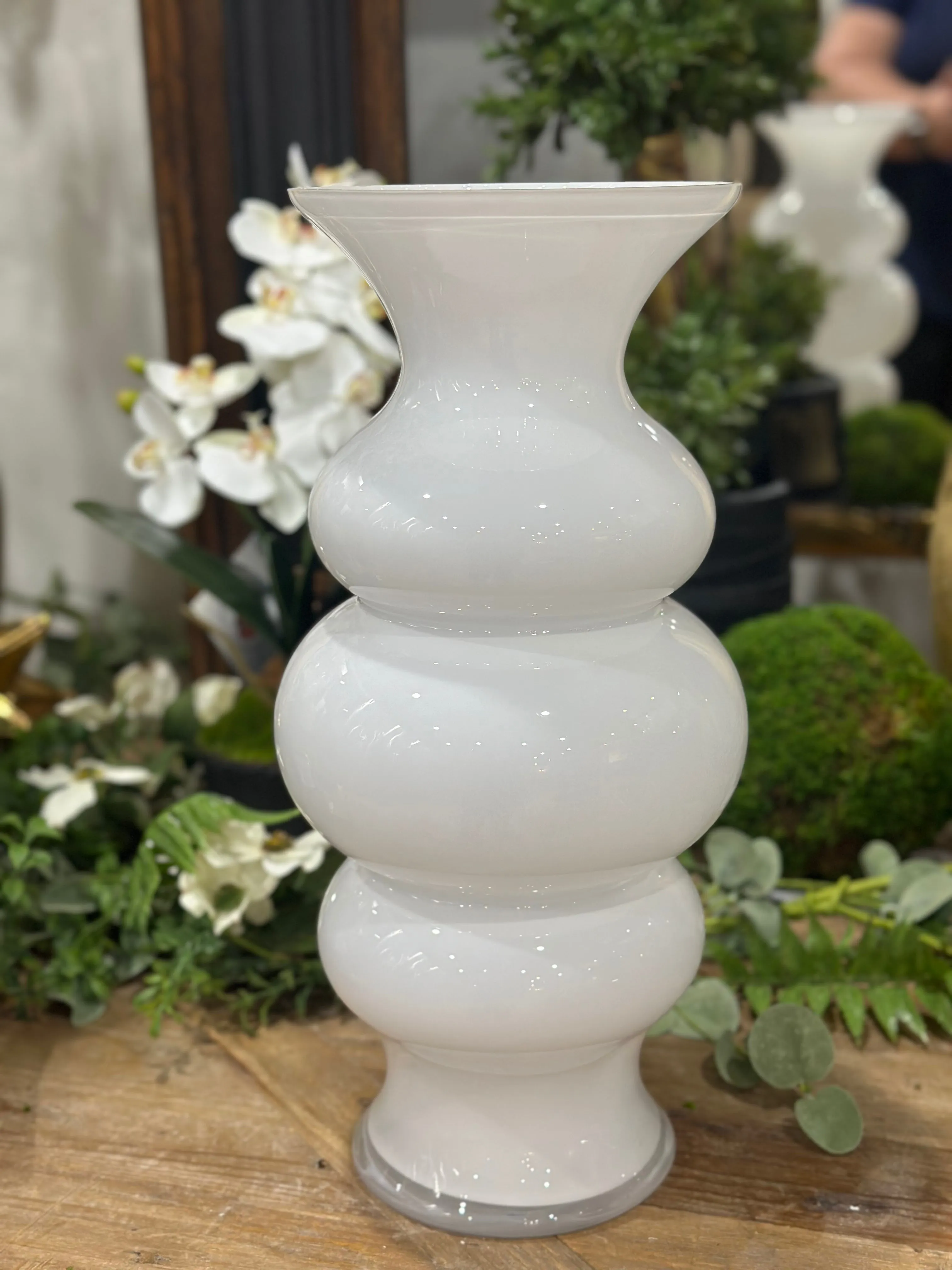 16” White Glass Ribbed Hourglass Fluted Vase