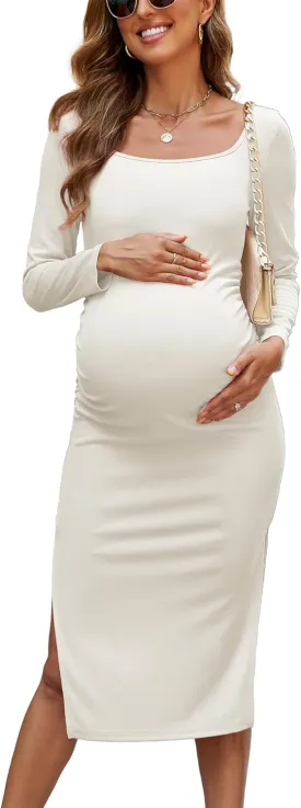 2025 Women's Split Maternity Dress Fine Ribbed Ruched Pregnancy Clothes Baby Shower Dresses