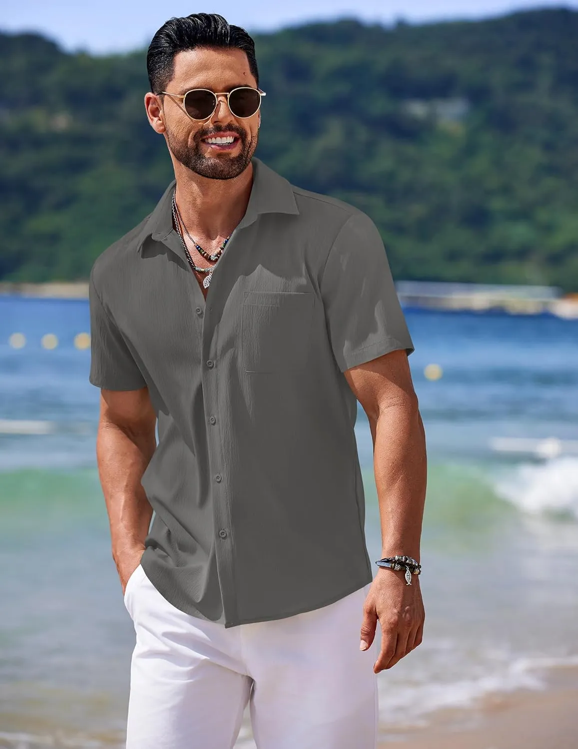 COOFANDY Men's Casual Short Sleeve Button Down Summer Beach Shirt Lightweight Textured Wrinkle Free Untucked Shirts