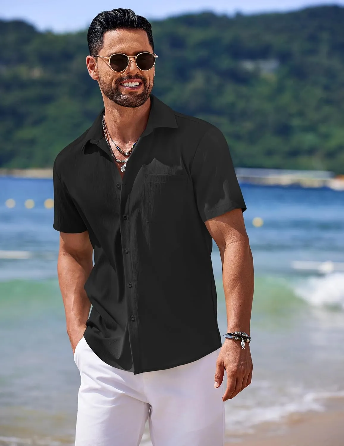 COOFANDY Men's Casual Short Sleeve Button Down Summer Beach Shirt Lightweight Textured Wrinkle Free Untucked Shirts
