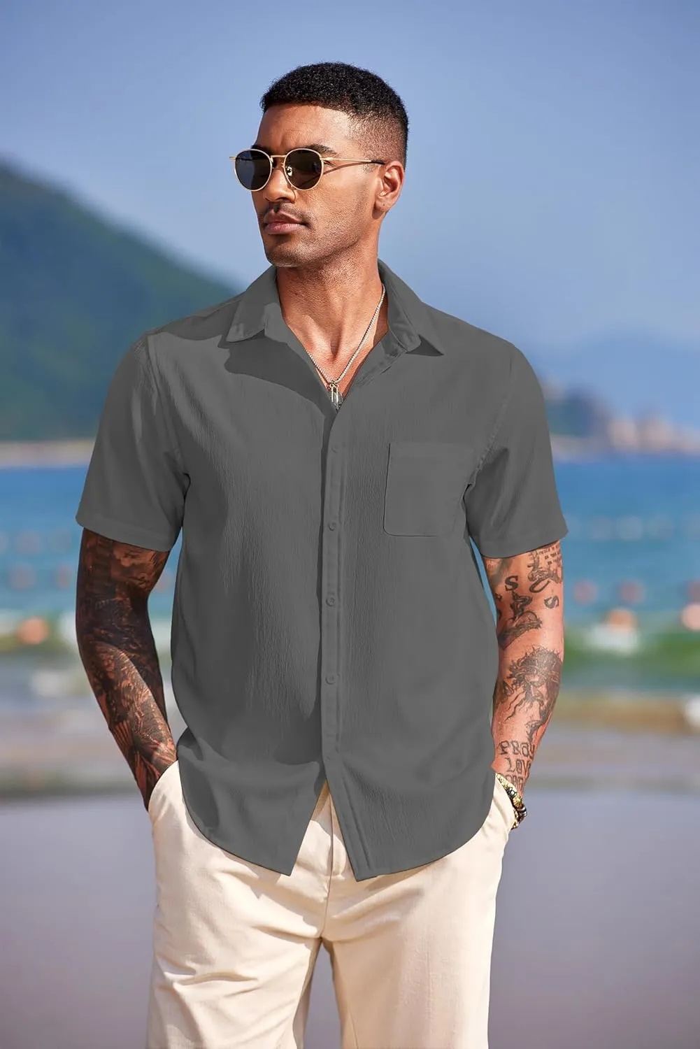 COOFANDY Men's Casual Short Sleeve Button Down Summer Beach Shirt Lightweight Textured Wrinkle Free Untucked Shirts