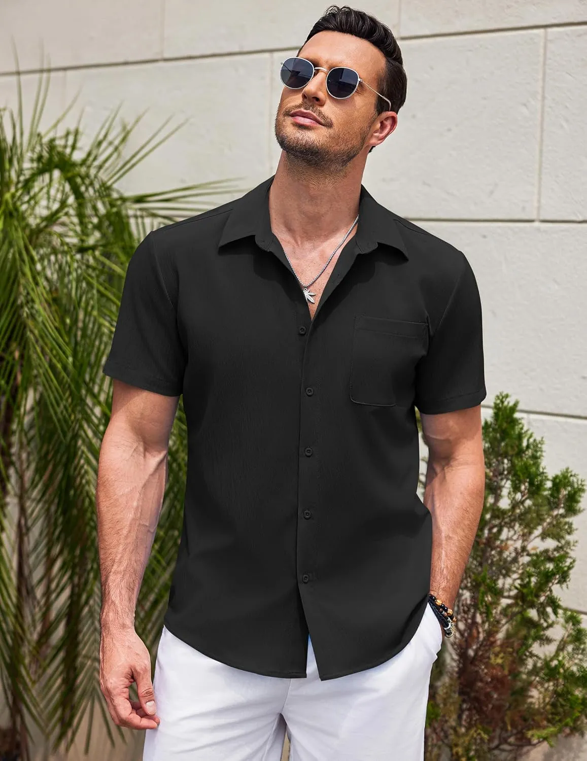 COOFANDY Men's Casual Short Sleeve Button Down Summer Beach Shirt Lightweight Textured Wrinkle Free Untucked Shirts
