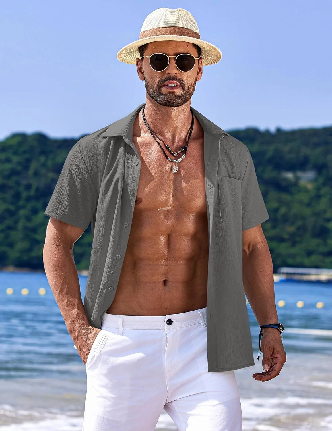 COOFANDY Men's Casual Short Sleeve Button Down Summer Beach Shirt Lightweight Textured Wrinkle Free Untucked Shirts
