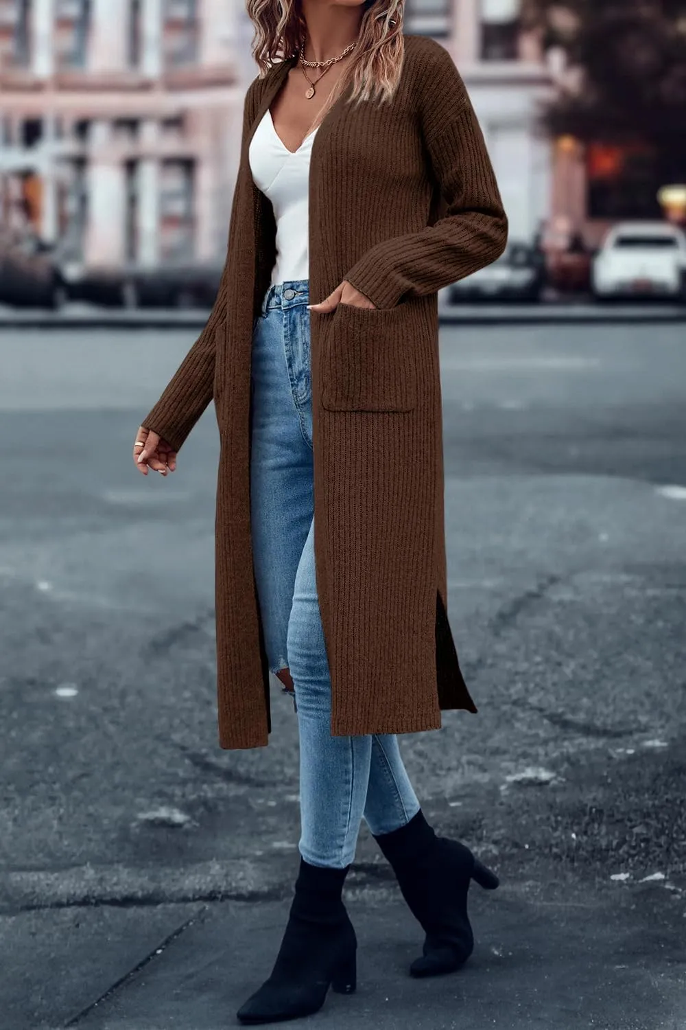 Danedvi Long Cardigan Sweaters for Women Ribbed Knit Open Front Long Sleeve Oversized Fall Casual Coat with Pockets