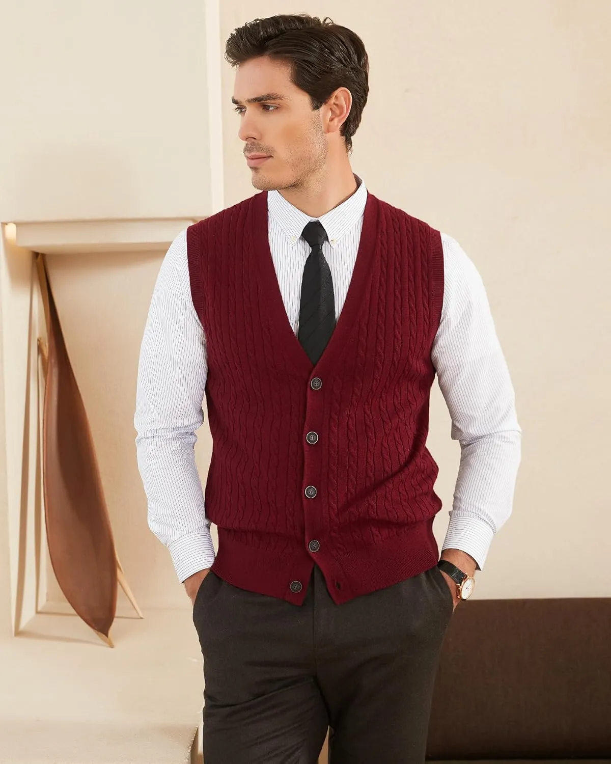 Kallspin Men's Cable Knit Sweater Vest Wool Blend V Neck Button Down Sleeveless Cardigan Vest
