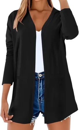 Lightweight Cardigans for Women Summer Casual Long Sleeve V Neck Open Front Linen Shirts Blouses with Pockets
