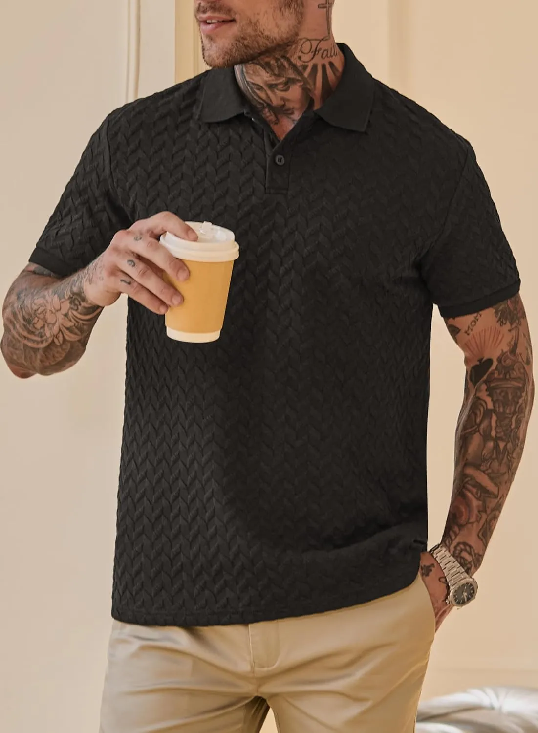 Men Textured Polo Shirts Casual Summer Short Sleeve Poloshirt (S-XXL)