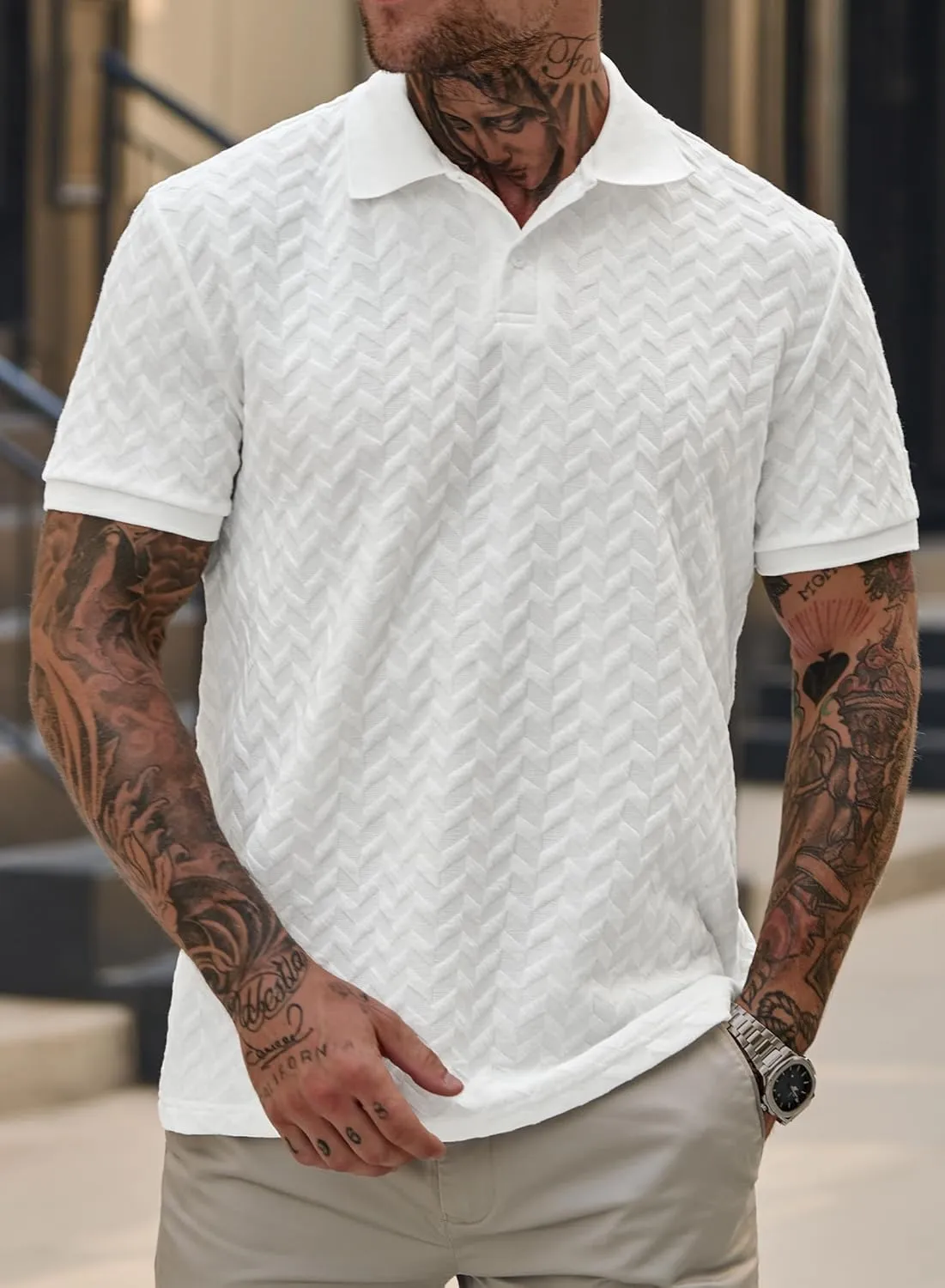 Men Textured Polo Shirts Casual Summer Short Sleeve Poloshirt (S-XXL)