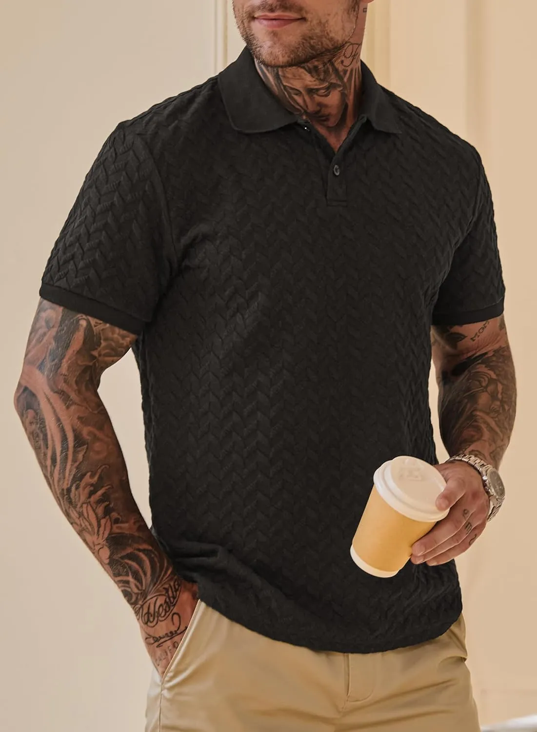 Men Textured Polo Shirts Casual Summer Short Sleeve Poloshirt (S-XXL)