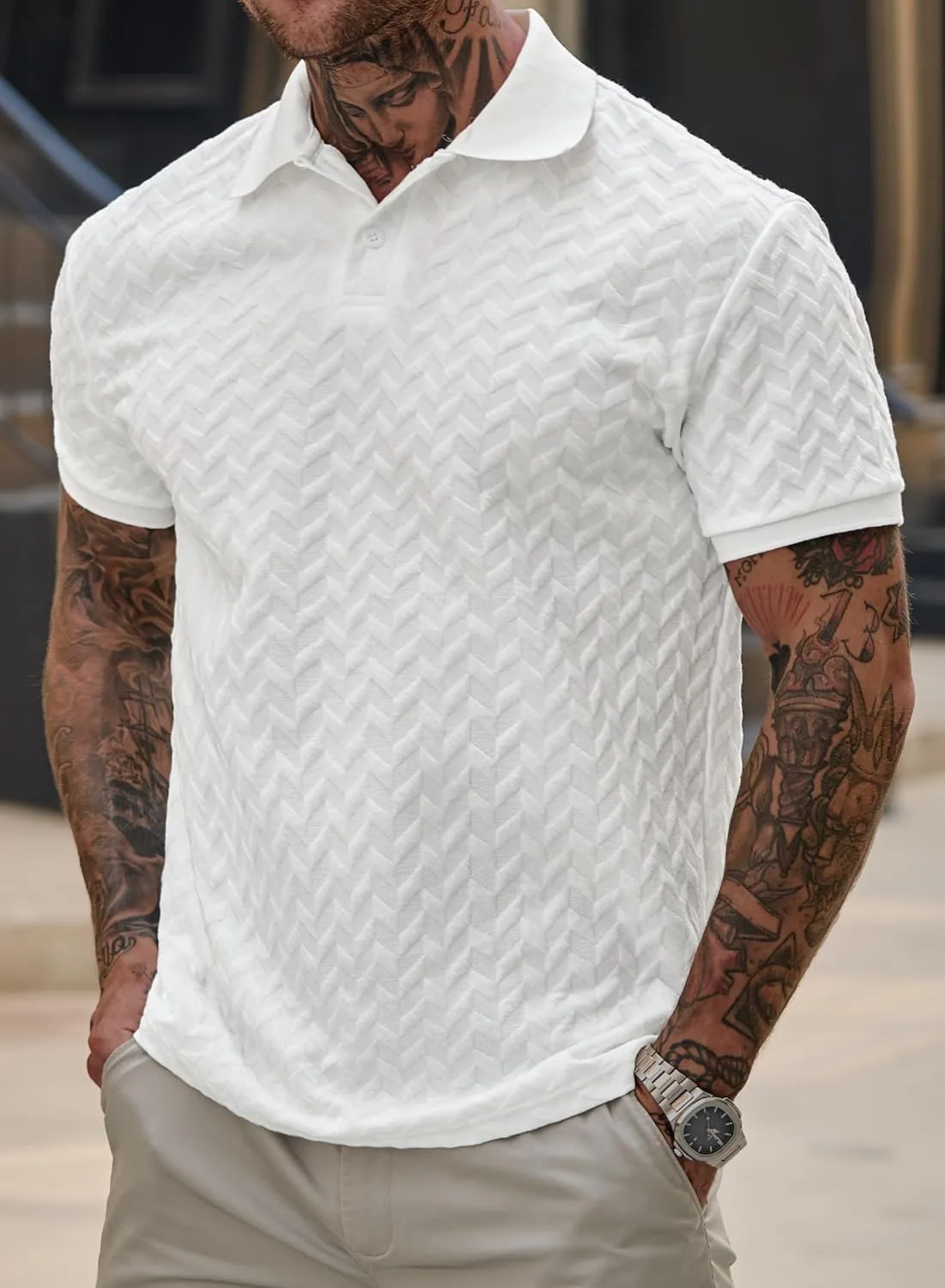 Men Textured Polo Shirts Casual Summer Short Sleeve Poloshirt (S-XXL)