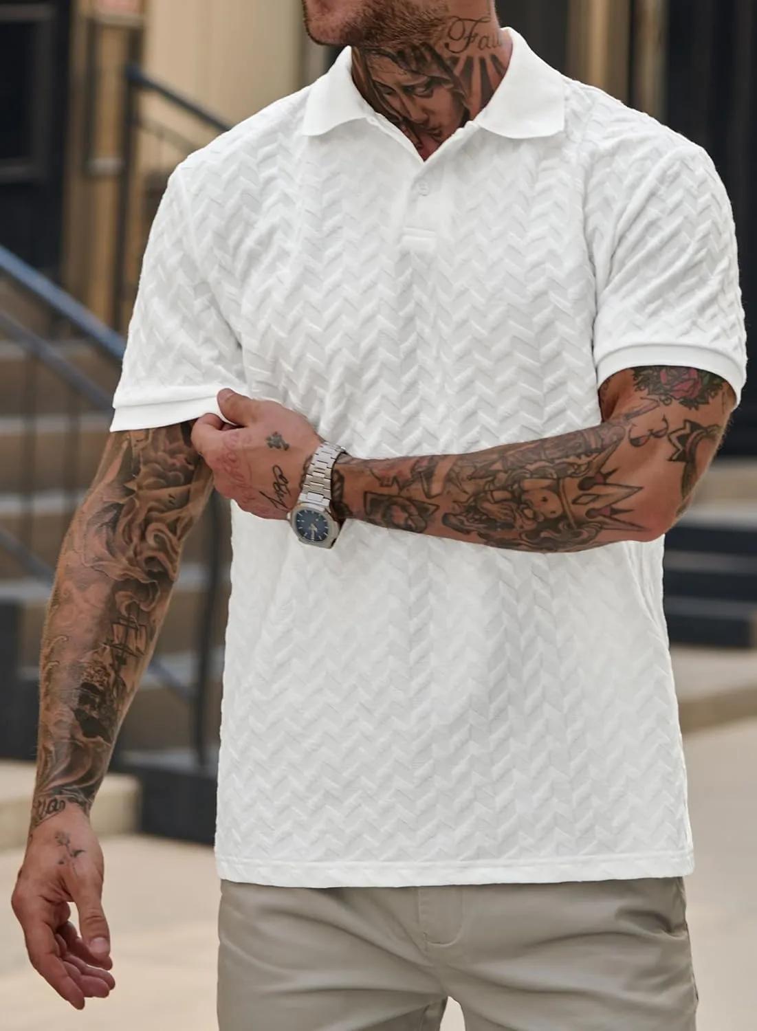 Men Textured Polo Shirts Casual Summer Short Sleeve Poloshirt (S-XXL)
