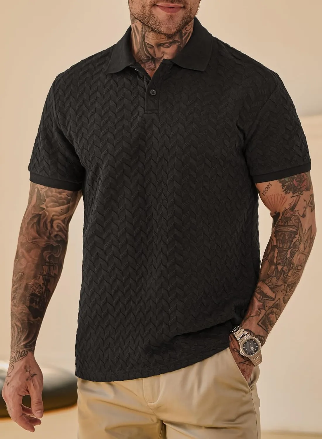 Men Textured Polo Shirts Casual Summer Short Sleeve Poloshirt (S-XXL)