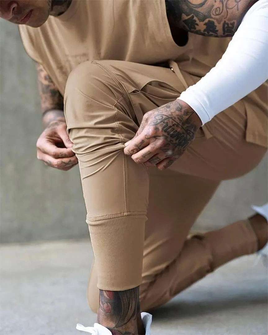 Men's Lightweight Cargo High Rib Jogger Slim Fit Workout Pants with Zip Pockets