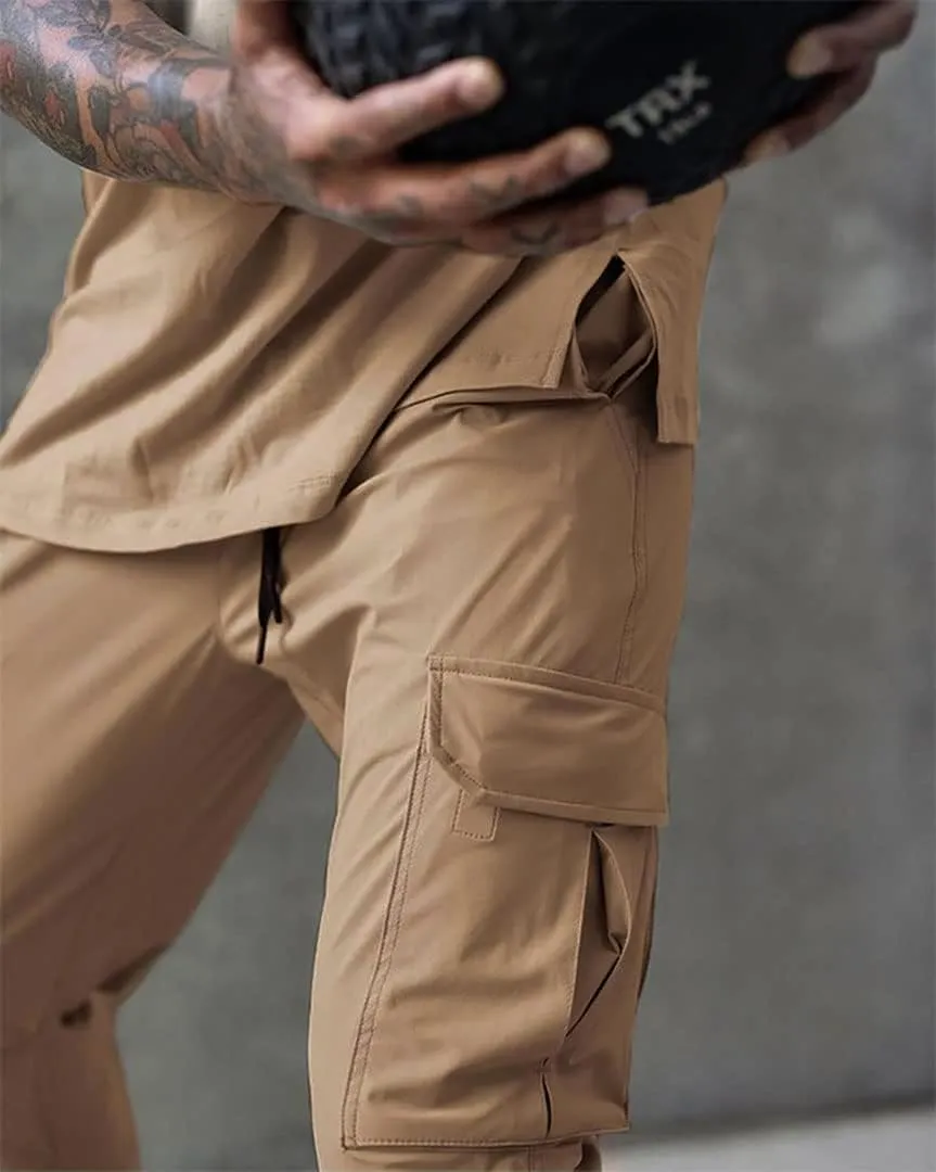 Men's Lightweight Cargo High Rib Jogger Slim Fit Workout Pants with Zip Pockets