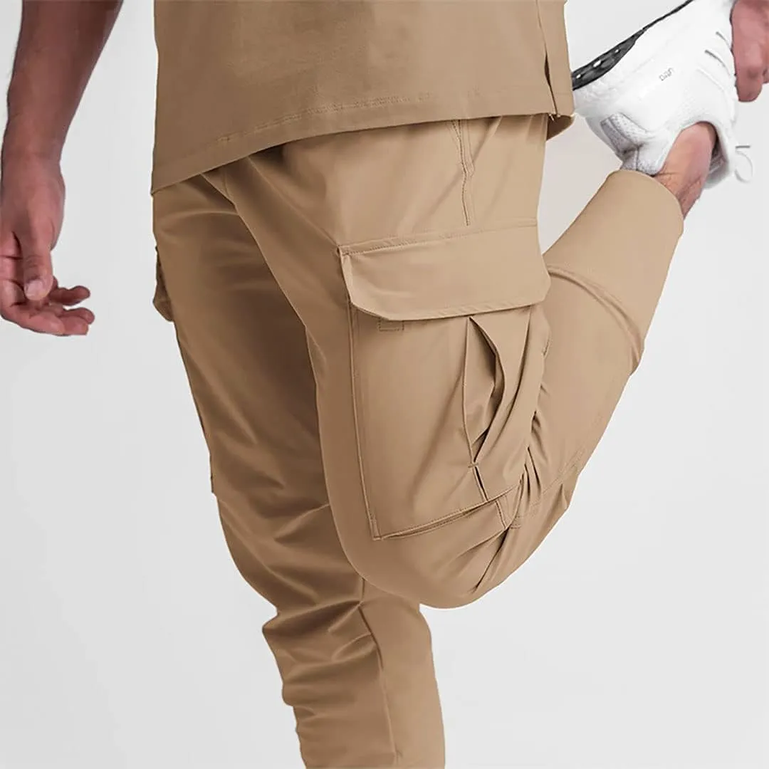 Men's Lightweight Cargo High Rib Jogger Slim Fit Workout Pants with Zip Pockets