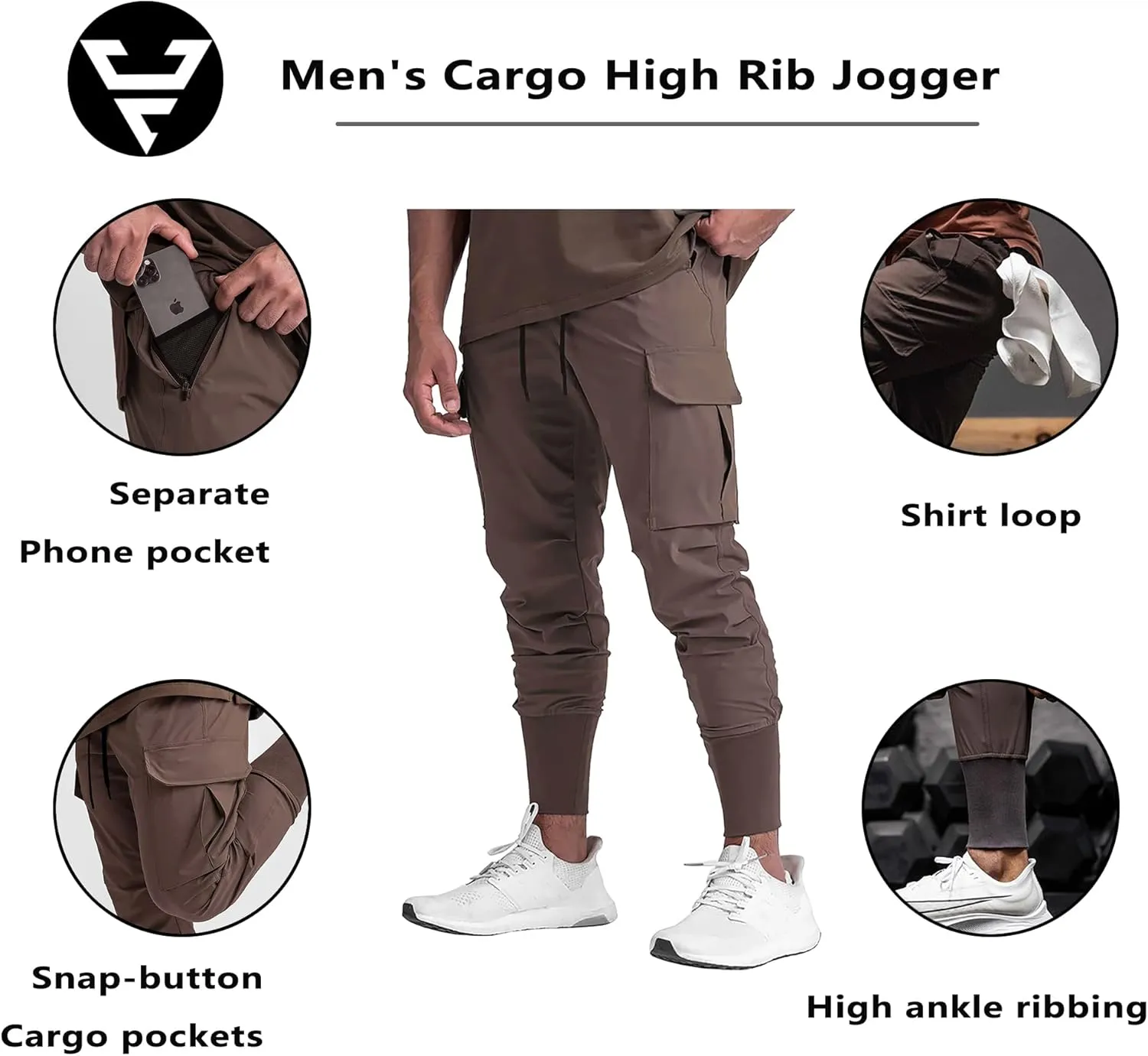 Men's Lightweight Cargo High Rib Jogger Slim Fit Workout Pants with Zip Pockets