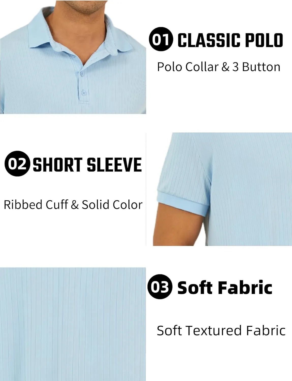 Mens Polo Shirts Short Sleeve Texture Collared Polo Shirt Classic Button Golf Polo T Shirts Summer Tees