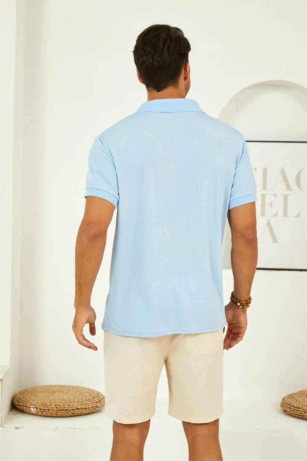 Mens Polo Shirts Short Sleeve Texture Collared Polo Shirt Classic Button Golf Polo T Shirts Summer Tees