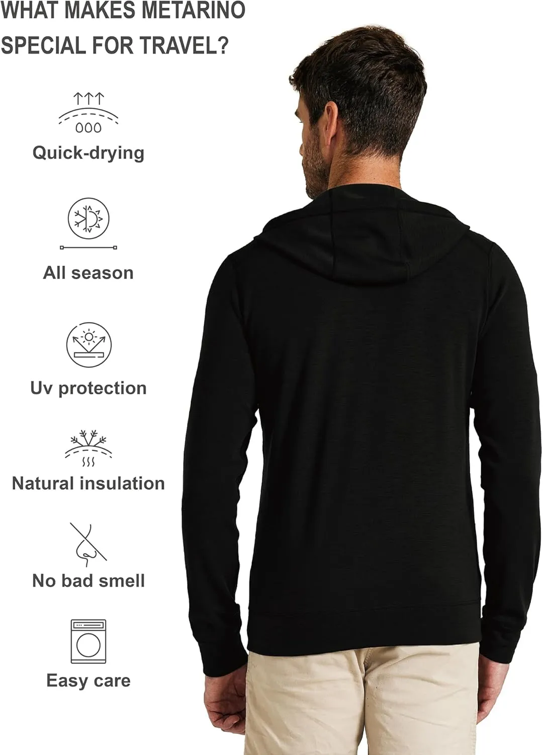 Merino Wool Jacket Men's Zip Up Hoodie Coat Long Sleeve Hooded Sweatshirt for Hiking,Hunting,Cycling,Sports
