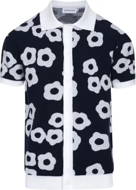 OXKNIT Mens Vintage Polo Shirts Casual Flower Pattern Knit Golf Polo Shirts Short Sleeve Jacquard Design