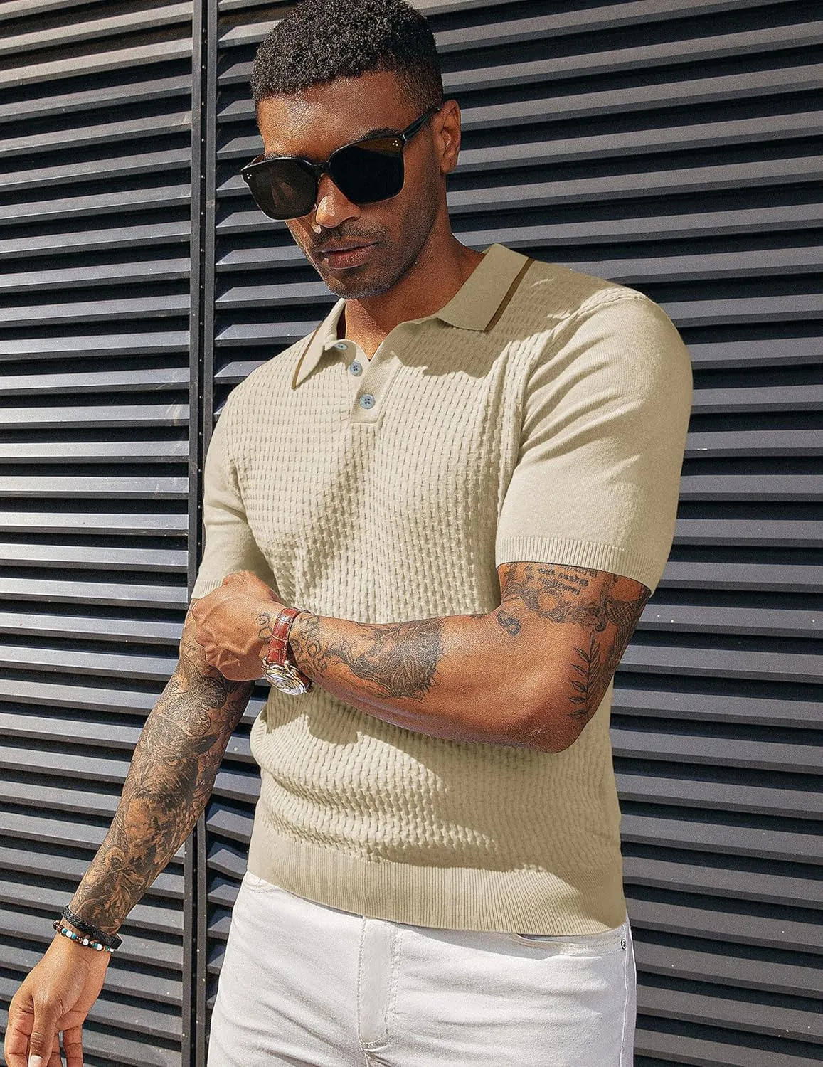 PJ PAUL JONES Men's Short Sleeve Knit Polo Shirts Waffle Texture Knit Shirt