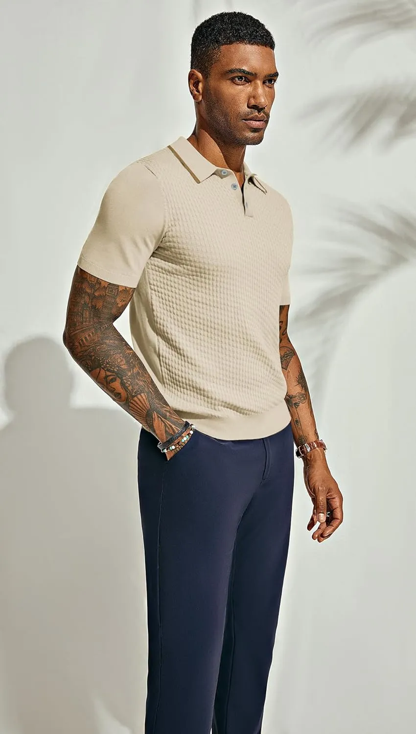 PJ PAUL JONES Men's Short Sleeve Knit Polo Shirts Waffle Texture Knit Shirt