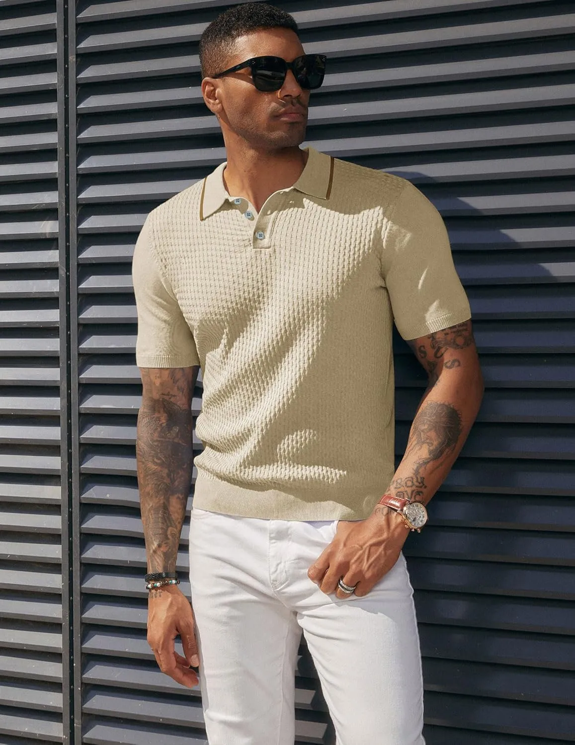 PJ PAUL JONES Men's Short Sleeve Knit Polo Shirts Waffle Texture Knit Shirt