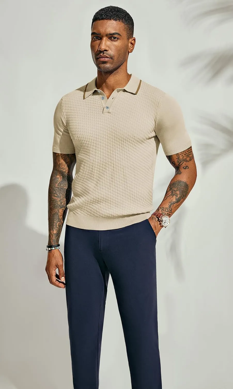 PJ PAUL JONES Men's Short Sleeve Knit Polo Shirts Waffle Texture Knit Shirt