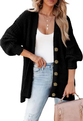 SHEWIN Women's Casual Long Sleeve Button Open Front Lightweight Cardigan Soft Cable Knit Sweater Outwear