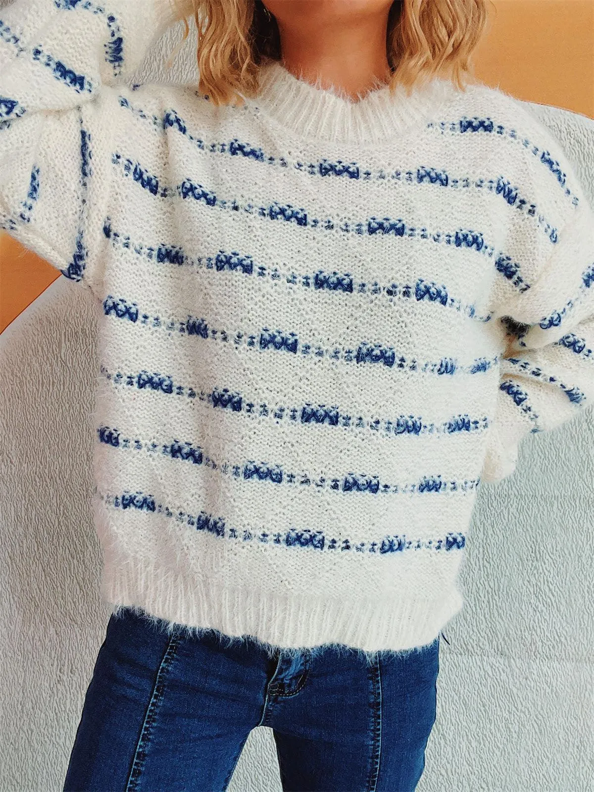 Striped Sweater Round Neck Long Sleeve Soft Knitwear