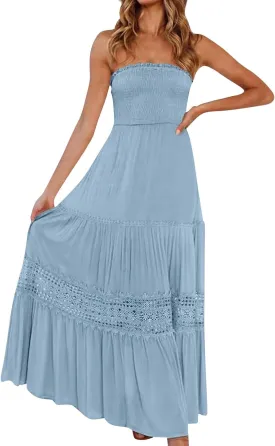 Summer Dresses for Women 2025 Boho Lace Trim Backless Hawaiian Dress Smocked Strapless Beach Cover Ups Tube Top Dress