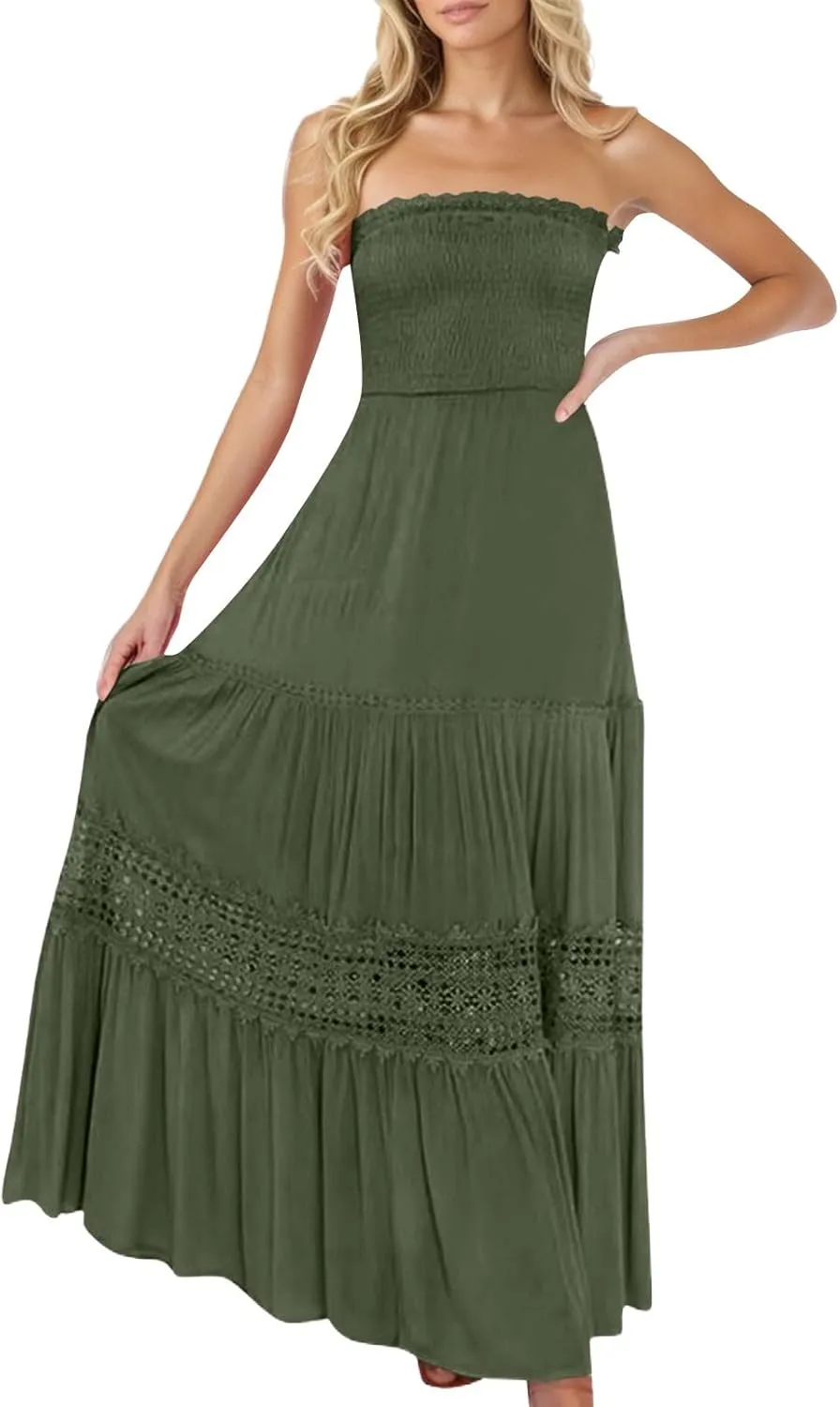 Summer Dresses for Women 2025 Boho Lace Trim Backless Hawaiian Dress Smocked Strapless Beach Cover Ups Tube Top Dress