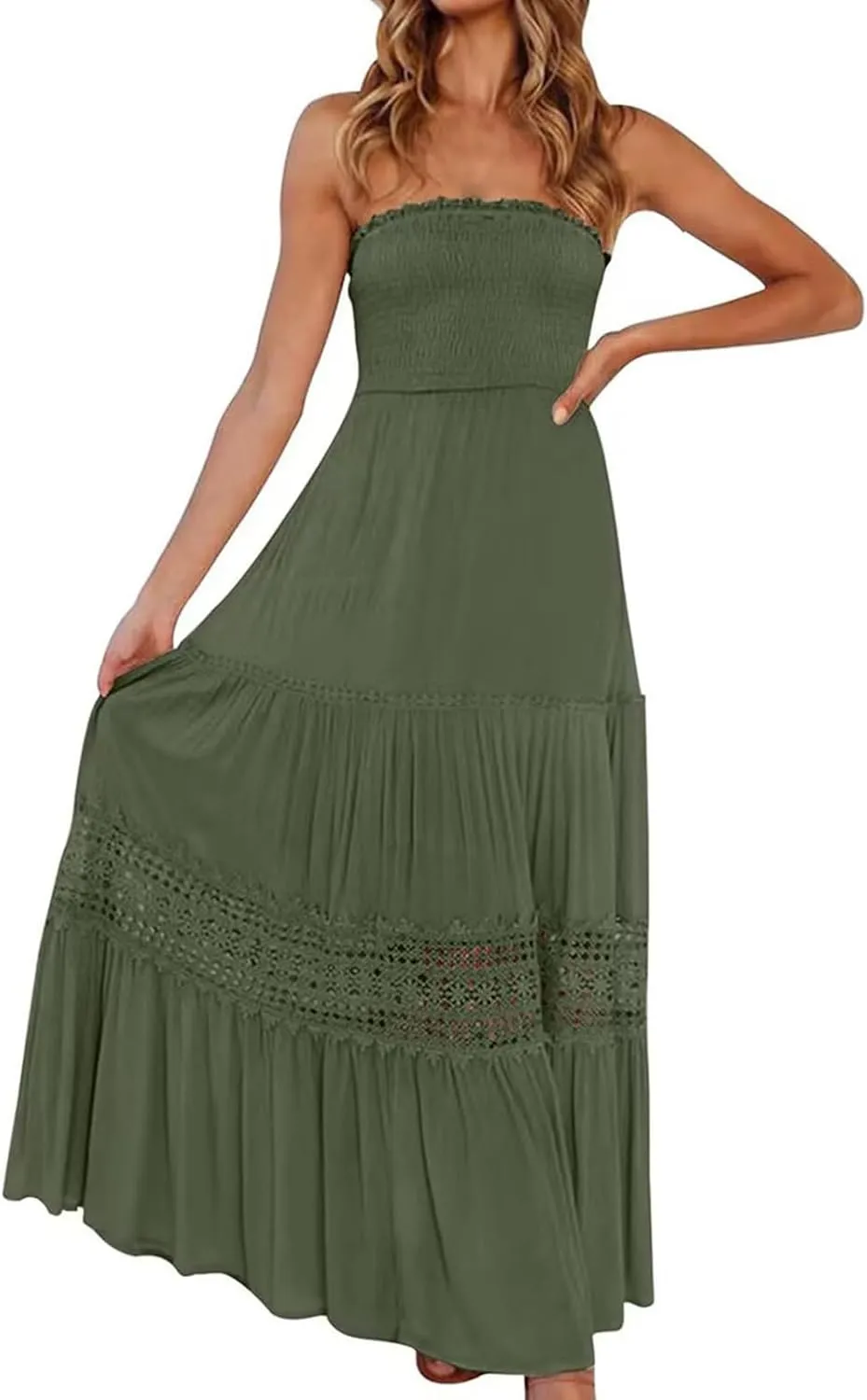 Summer Dresses for Women 2025 Boho Lace Trim Backless Hawaiian Dress Smocked Strapless Beach Cover Ups Tube Top Dress