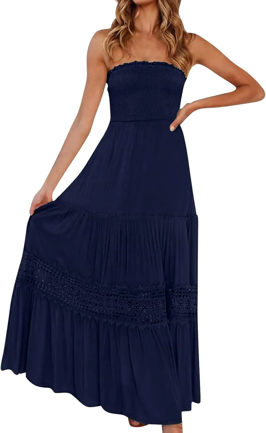 Summer Dresses for Women 2025 Boho Lace Trim Backless Hawaiian Dress Smocked Strapless Beach Cover Ups Tube Top Dress