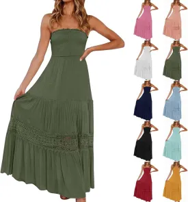 Summer Dresses for Women 2025 Boho Lace Trim Backless Hawaiian Dress Smocked Strapless Beach Cover Ups Tube Top Dress