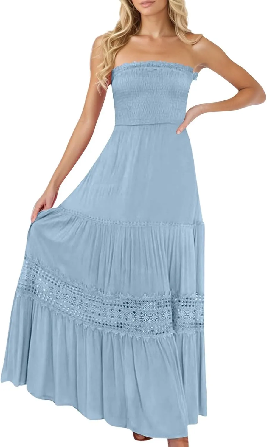 Summer Dresses for Women 2025 Boho Lace Trim Backless Hawaiian Dress Smocked Strapless Beach Cover Ups Tube Top Dress