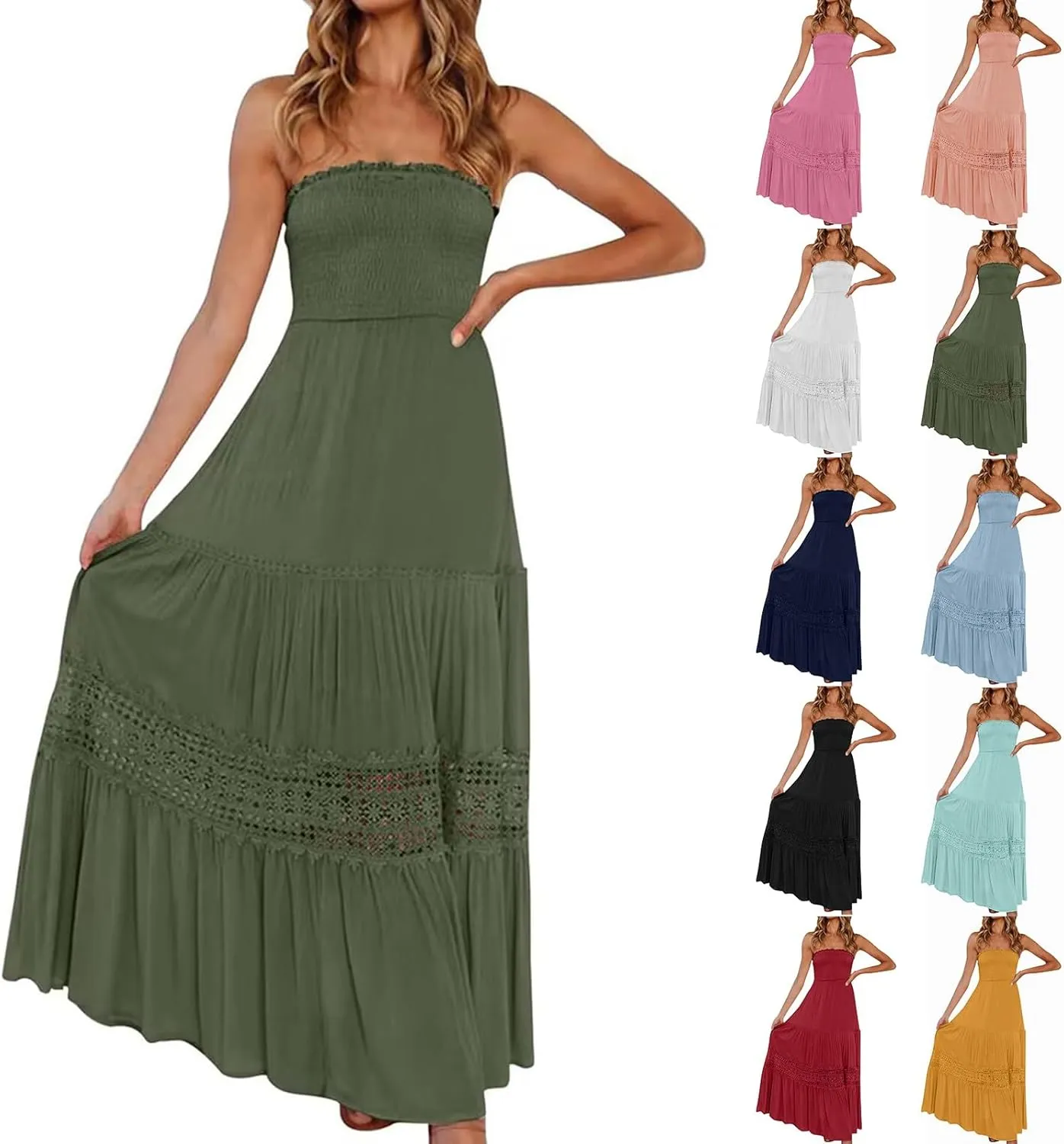 Summer Dresses for Women 2025 Boho Lace Trim Backless Hawaiian Dress Smocked Strapless Beach Cover Ups Tube Top Dress