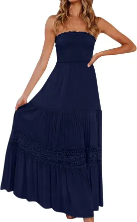Summer Dresses for Women 2025 Boho Lace Trim Backless Hawaiian Dress Smocked Strapless Beach Cover Ups Tube Top Dress