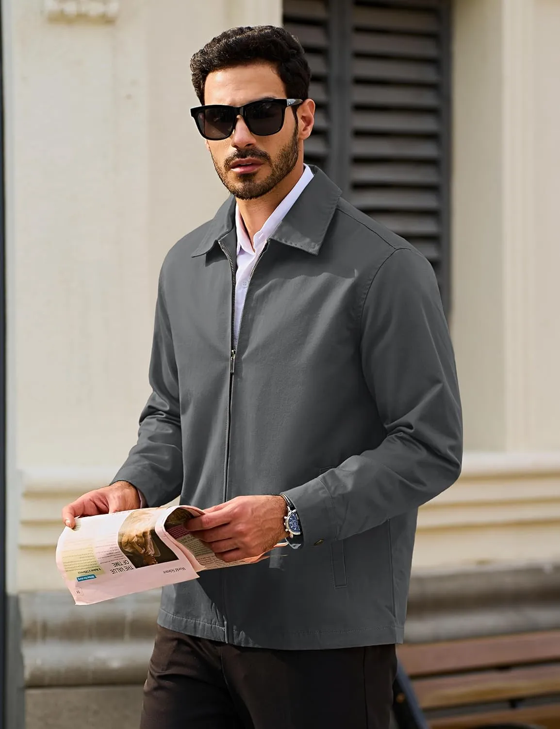 TACVASEN Men's Cotton Jacket Full Zip Up Lightweight Jackets Turndown Collar Business Casual Windbreaker with 3 Pockets