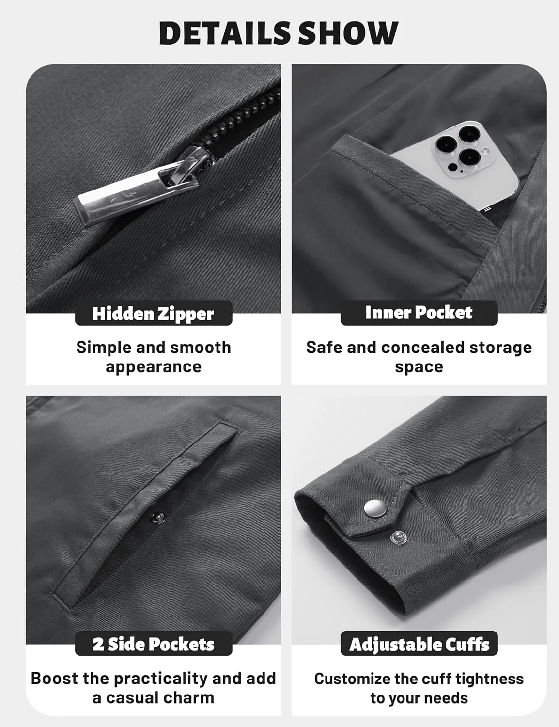 TACVASEN Men's Cotton Jacket Full Zip Up Lightweight Jackets Turndown Collar Business Casual Windbreaker with 3 Pockets