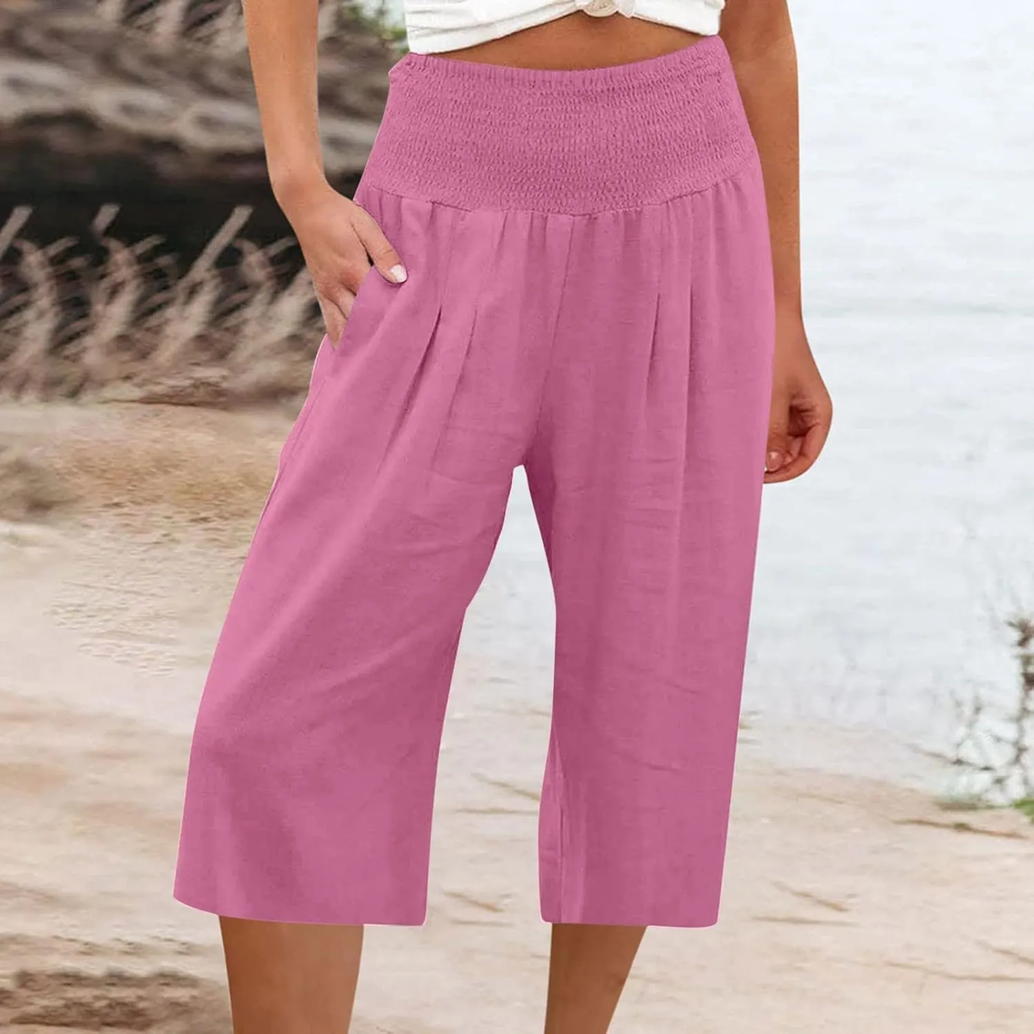 TANGNADE Cotton Linen Pants Women Plus Size Wide Leg Capri 2025 Vacation Summer Capris Lightweight Dressy Outfits