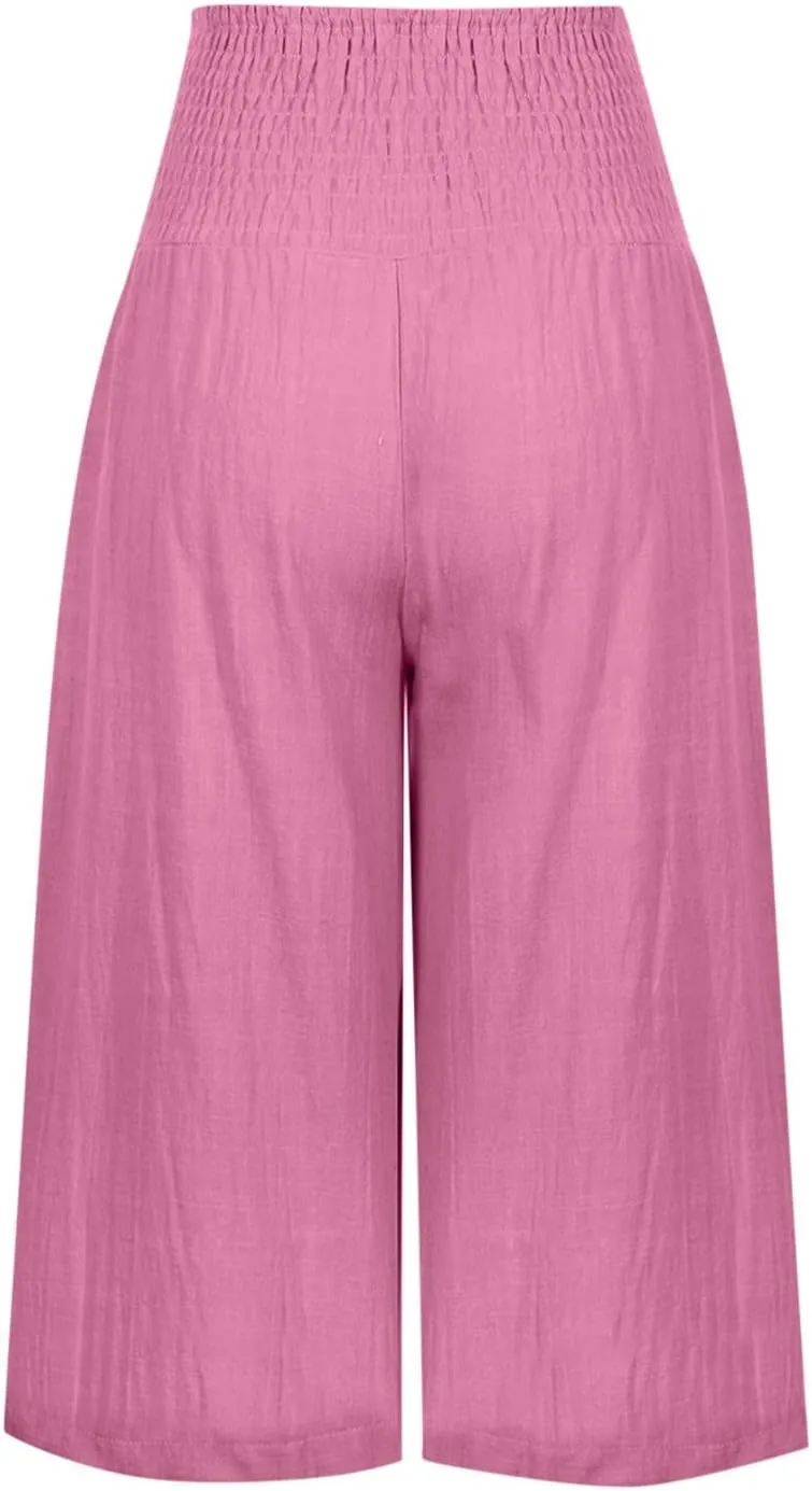 TANGNADE Cotton Linen Pants Women Plus Size Wide Leg Capri 2025 Vacation Summer Capris Lightweight Dressy Outfits