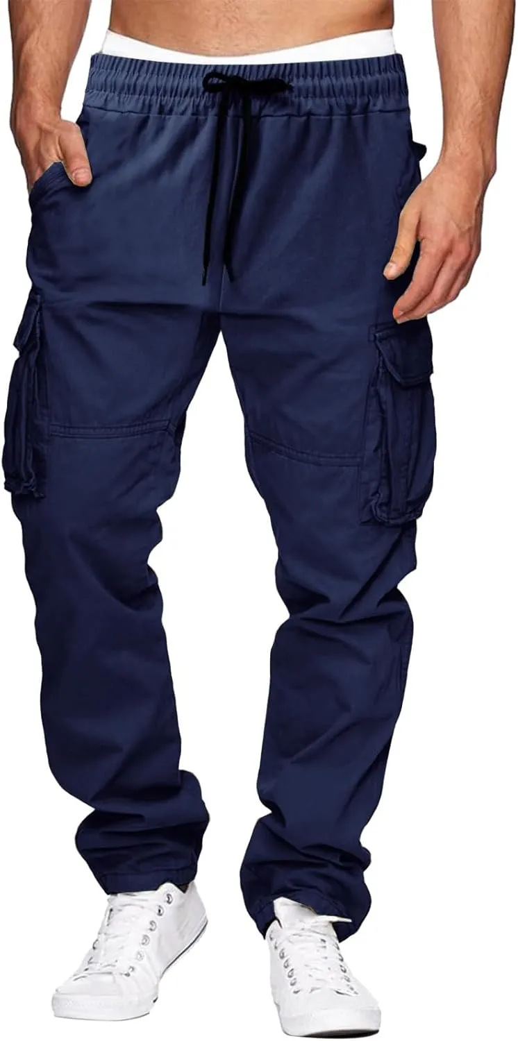 THWEI Cargo Pants for Men Casual Cotton Drawstring Lightweight Relaxed Fit Work Pants Multi Pockets