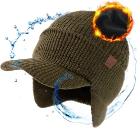 TOP-EX 50% Merino Wool Winter Hats Beanie with Brim Waterproof Warm Fleece Lined for Cold Weather