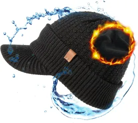 TOP-EX Waterproof Visor Beanie Hat for Men Winter Knit Skull Stocking Cap with Brim Women, Merino Wool & Fleece Lined Headwear Cold Weather Black XL/XXL X-Large Extra Large Big Head Oversize