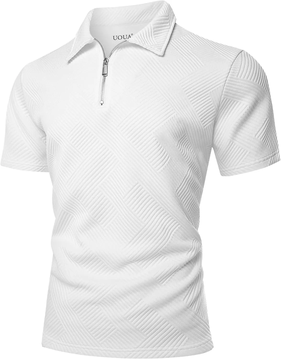 UOUA Men's Zipper Polo Shirts Short Sleeve Sweatshirts Soild Color Tops Striped Texture Casual Golf T