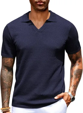 URRU Mens Knit Polo Shirt Short Sleeve Hollow Out Shirt Texture Knitted Polo Shirts for Men