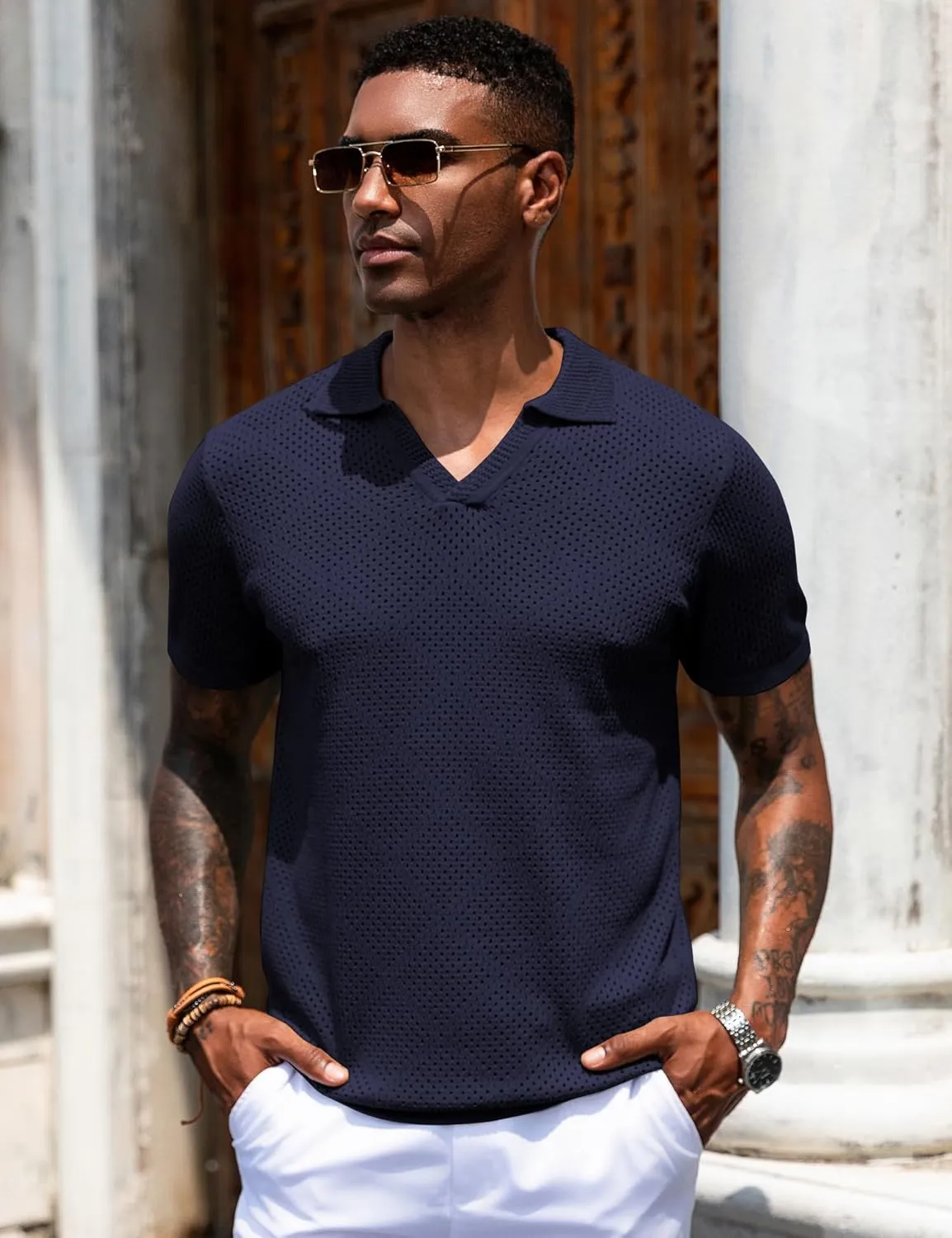 URRU Mens Knit Polo Shirt Short Sleeve Hollow Out Shirt Texture Knitted Polo Shirts for Men