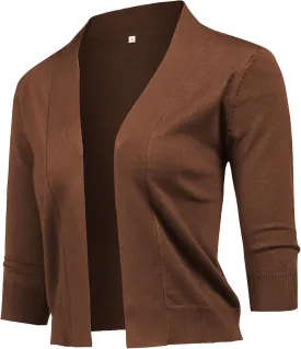 URRU Women's Classic 3/4 Sleeve Open Front Cropped Cardigan Sweater Lightweight Knit Short Shrugs